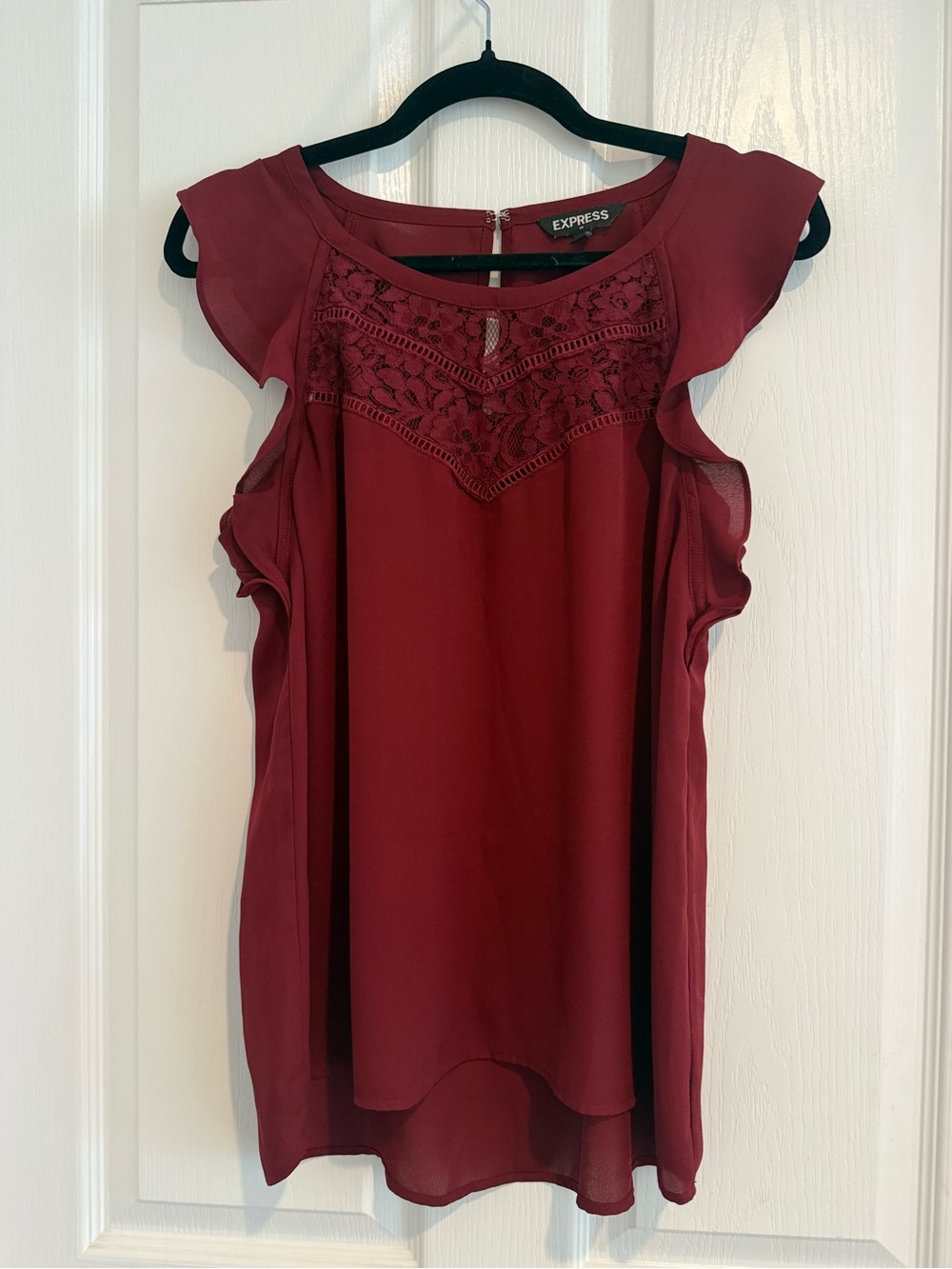 Express Women's Wine Lace Yoke Ruffle Sleeve Blouse